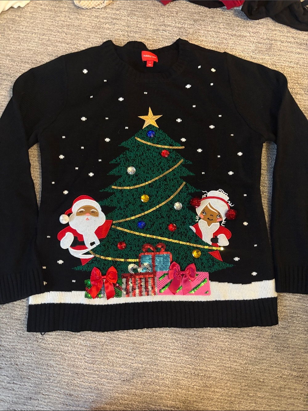 Holiday Crewneck Sweater - Black with Festive Tree and Santa Motifs nwot
